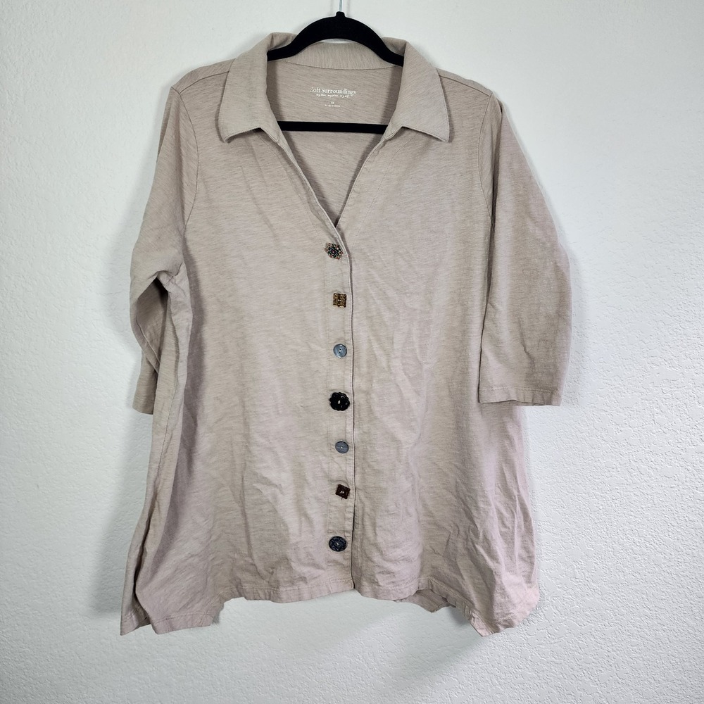 Soft Surroundings Danielle Button Front Brown Tunic Knit Top Shirt Sz 1X